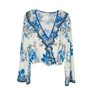 Juniper Blu Women’s Medium Blouse Blue Floral Ruffle V-Neck Long Sleeve Boho Top